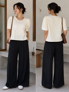 Icon Apparel Cream Textured Puff-Sleeve Knit Top by size Large EUC